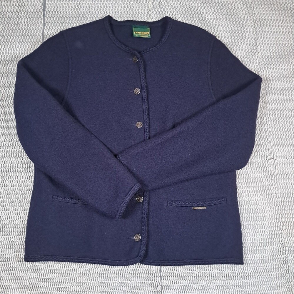 Vintage Geiger  Tyrol Boiled Wool Sweater Jacket Blazer Austria 42 Blue  Button